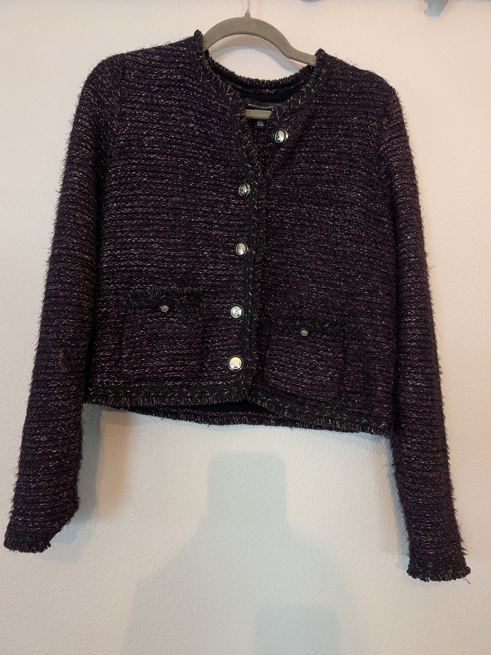 White House Black Market Metallic Boucle Tweed Cropped Jacket Plum Purple - Size